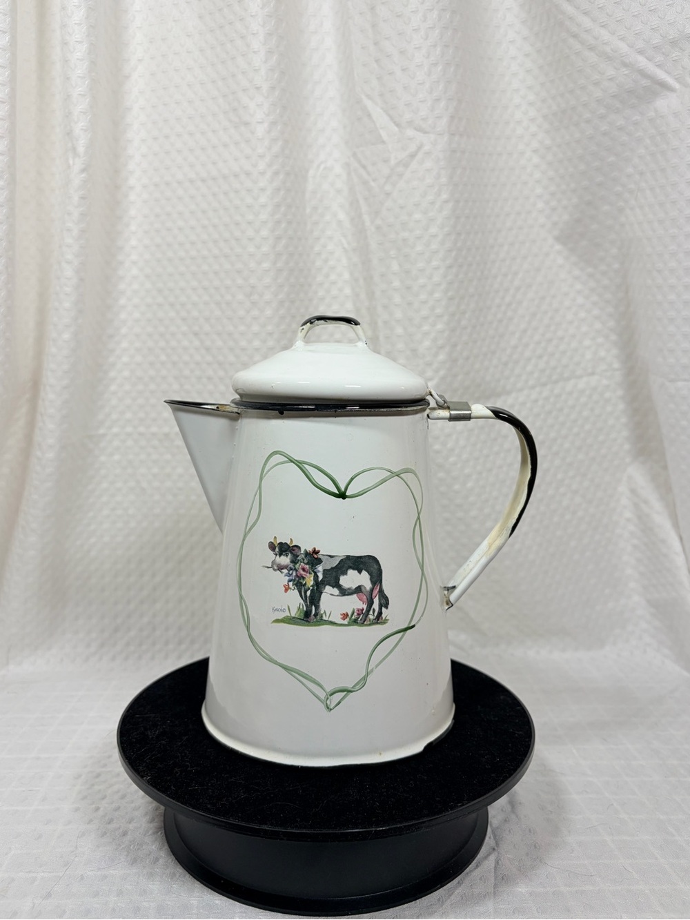 Vintage Karen Daughety’s Study White Enamel Coffee Pot with Cow Motif